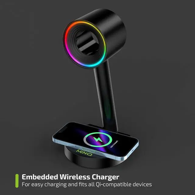 Alt view image 3 of 7 - MINQ RGB Ring Shape Headphones Stand for Desk - Wireless Phone Charger Stand - Gamer Headset Stand, Airpod Max Stand - USB, USB C Charging & Aux - Perfect Gaming Accessories - Black
