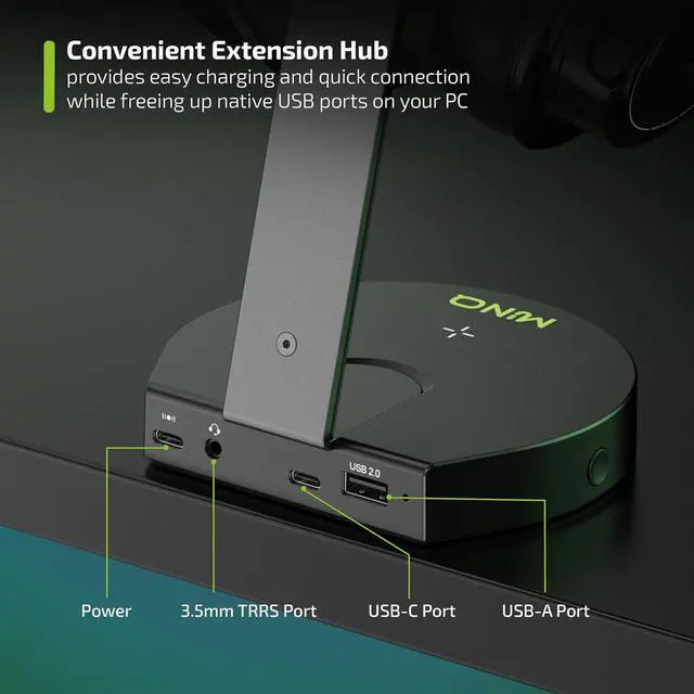 Alt view image 5 of 7 - MINQ RGB Ring Shape Headphones Stand for Desk - Wireless Phone Charger Stand - Gamer Headset Stand, Airpod Max Stand - USB, USB C Charging & Aux - Perfect Gaming Accessories - Black