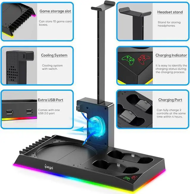 Alt view image 2 of 7 - Upgrade Stand for Xbox Series X with Back Cooling Fan& RGB Lights, Charging Station with Controller Charger Dock &Game Storage Rack Organizer& Headset Stand with 2X1400 mAh Rechargeable Battery Pack