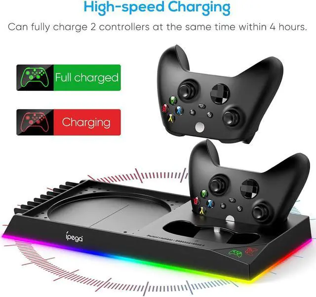 Alt view image 3 of 7 - Upgrade Stand for Xbox Series X with Back Cooling Fan& RGB Lights, Charging Station with Controller Charger Dock &Game Storage Rack Organizer& Headset Stand with 2X1400 mAh Rechargeable Battery Pack