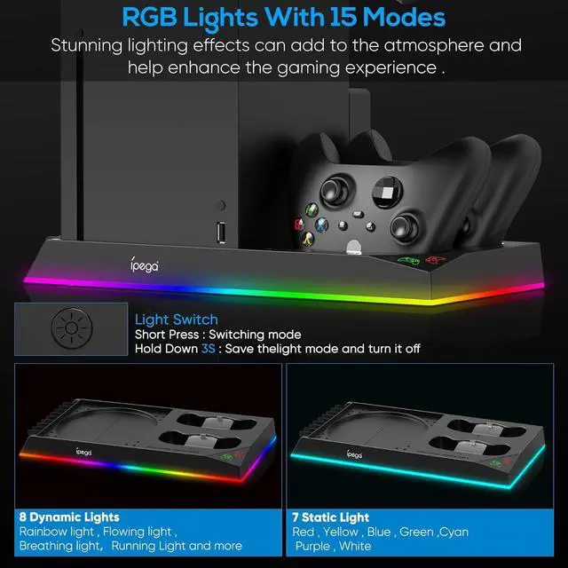 Alt view image 4 of 7 - Upgrade Stand for Xbox Series X with Back Cooling Fan& RGB Lights, Charging Station with Controller Charger Dock &Game Storage Rack Organizer& Headset Stand with 2X1400 mAh Rechargeable Battery Pack