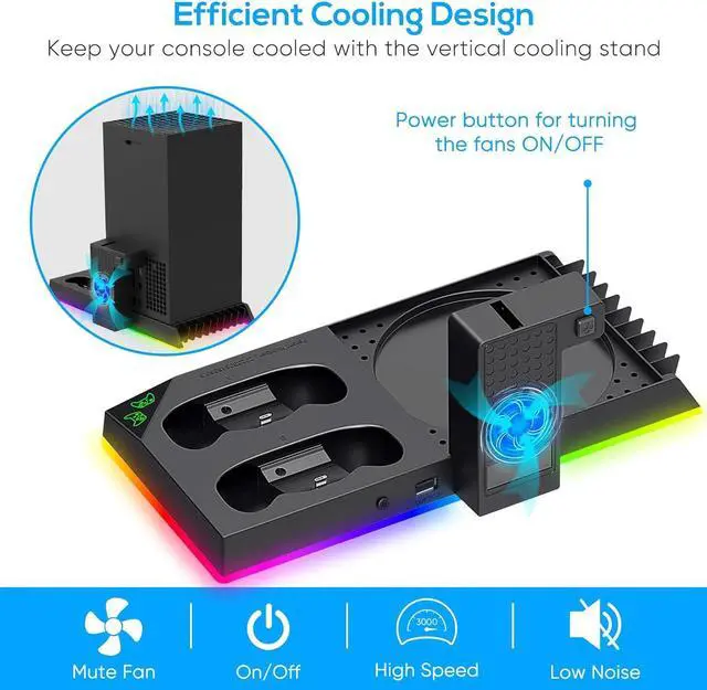 Alt view image 5 of 7 - Upgrade Stand for Xbox Series X with Back Cooling Fan& RGB Lights, Charging Station with Controller Charger Dock &Game Storage Rack Organizer& Headset Stand with 2X1400 mAh Rechargeable Battery Pack