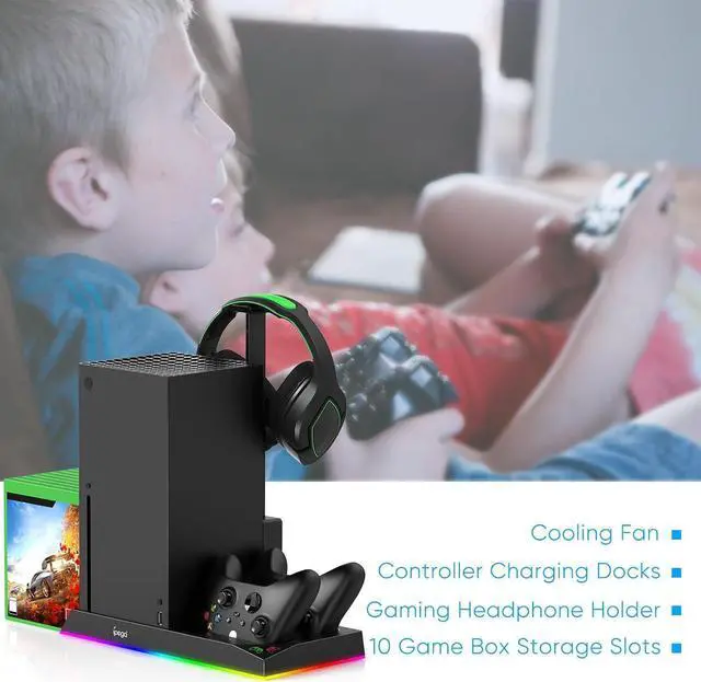 Alt view image 7 of 7 - Upgrade Stand for Xbox Series X with Back Cooling Fan& RGB Lights, Charging Station with Controller Charger Dock &Game Storage Rack Organizer& Headset Stand with 2X1400 mAh Rechargeable Battery Pack