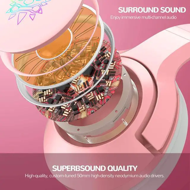Alt view image 5 of 6 - SIMGAL Pink Gaming Headset with Removable Cat Ears, Compatible with PC PS4 PS5 Xbox One(Adapter Not Included) Mobile Phones, with Surround Sound, RGB Backlight & Noise Canceling Retractable Microphone