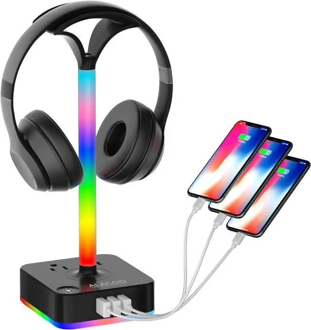 Main image of Headphone Stand RGB with USB Charger Gaming Headset Holder Hanger with 3USB Charging Ports Charging Station and 2 Prong AC Outlet Power Strips 8 RGB Light Modes for Table PC All Earphone Accessories