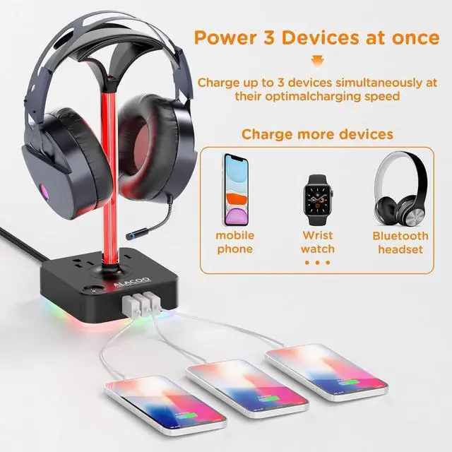 Alt view image 2 of 6 - Headphone Stand RGB with USB Charger Gaming Headset Holder Hanger with 3USB Charging Ports Charging Station and 2 Prong AC Outlet Power Strips 8 RGB Light Modes for Table PC All Earphone Accessories