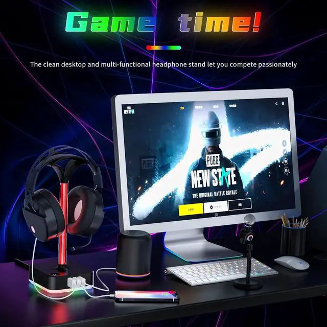 Alt view image 6 of 6 - Headphone Stand RGB with USB Charger Gaming Headset Holder Hanger with 3USB Charging Ports Charging Station and 2 Prong AC Outlet Power Strips 8 RGB Light Modes for Table PC All Earphone Accessories