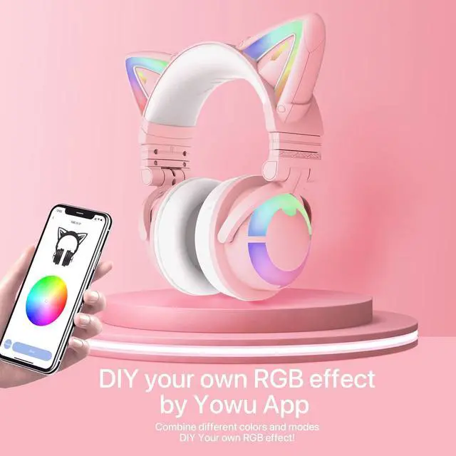 Alt view image 5 of 7 - YOWU RGB Cat Ear Headphone 3S Wireless 5.0 Foldable Gaming Headset with Built-in Mic & Customizable Lighting and Effect via APP, Type-C Charging Audio Cable, for PC Laptop Mac Smartphone