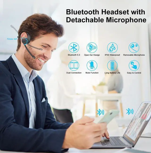 Alt view image 2 of 7 - iDIGMALL Bluetooth 5.3 Headset w/Magnetic Detachable Microphone, Light Open Ear Wireless Headphone w/DSP Noise Canceling Mic for Phone PC Laptop, Comfort for Office Meeting Home Work, 12H Playtime