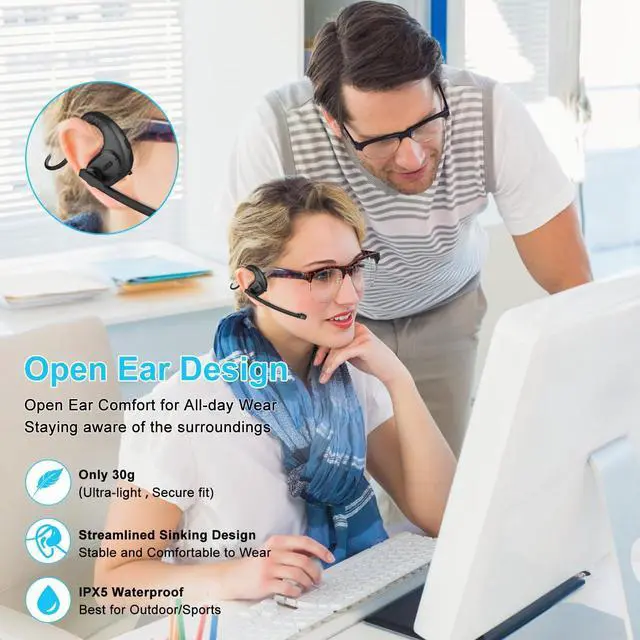 Alt view image 4 of 7 - iDIGMALL Bluetooth 5.3 Headset w/Magnetic Detachable Microphone, Light Open Ear Wireless Headphone w/DSP Noise Canceling Mic for Phone PC Laptop, Comfort for Office Meeting Home Work, 12H Playtime