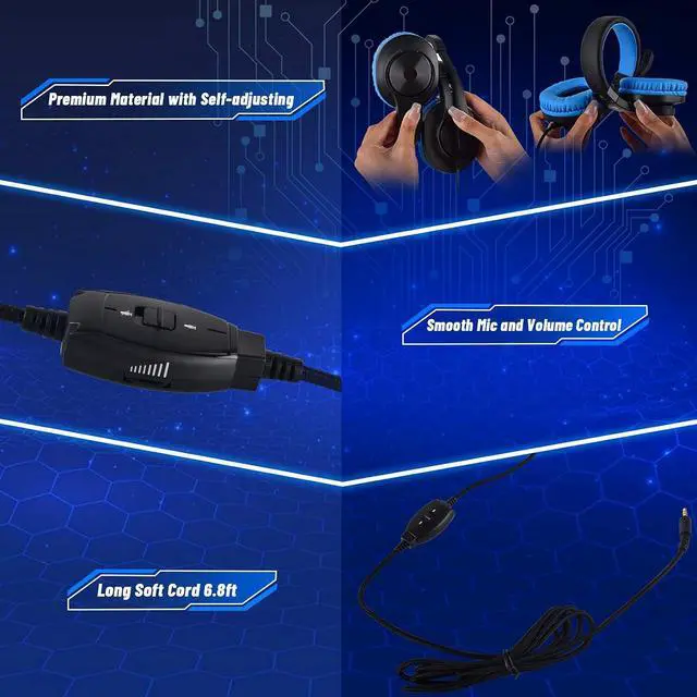Alt view image 4 of 7 - DIWUER Gaming Headset for Nintendo Switch, Xbox One, PS4, Bass Surround and Noise Cancelling 3.5mm Over Ear Headphones with Mic for Laptop PC Smartphones (Blue)