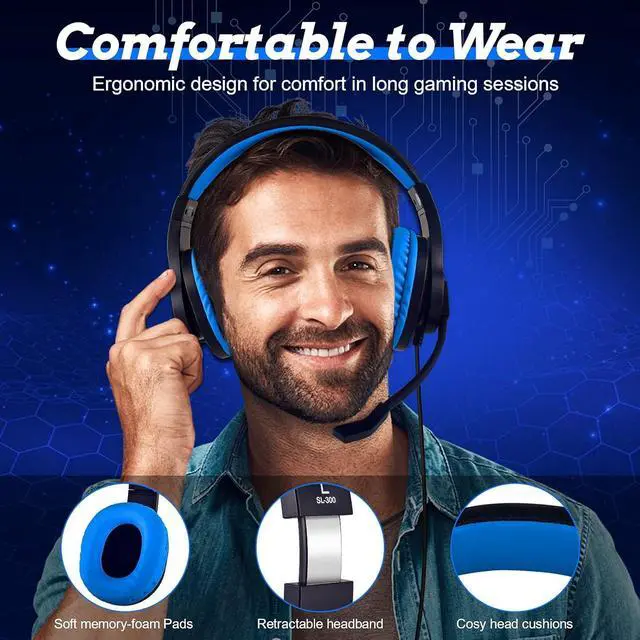 Alt view image 6 of 7 - DIWUER Gaming Headset for Nintendo Switch, Xbox One, PS4, Bass Surround and Noise Cancelling 3.5mm Over Ear Headphones with Mic for Laptop PC Smartphones (Blue)