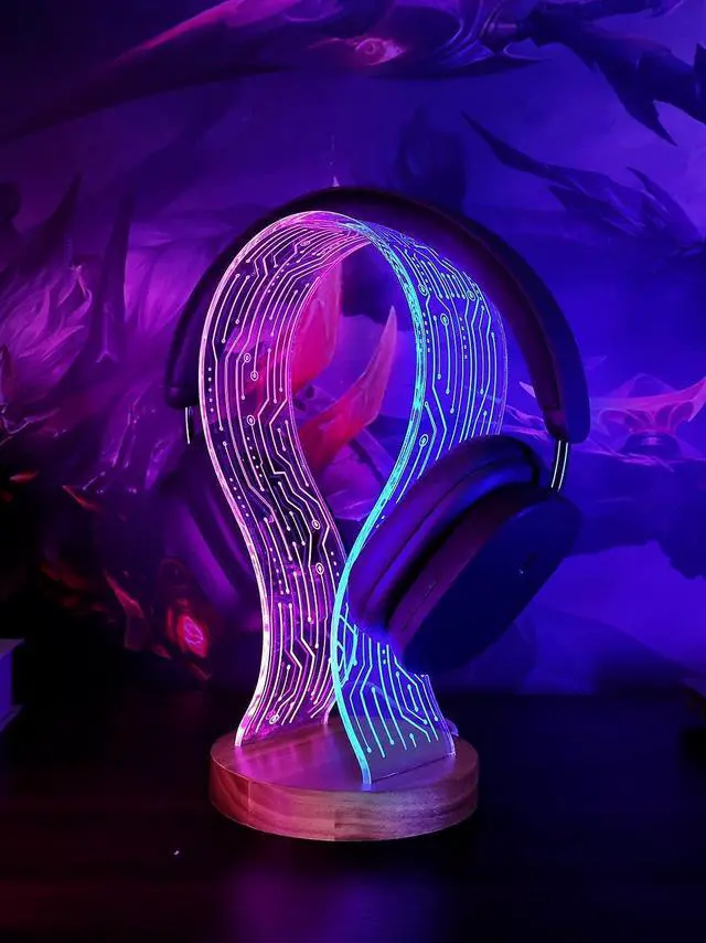 Main image of YuanDian Headphone Stand, Walnut Wood Headset Holder with Blue Pink LED Night Light for Gamers, Men, and Music Lovers - Perfect Desk Gift Idea
