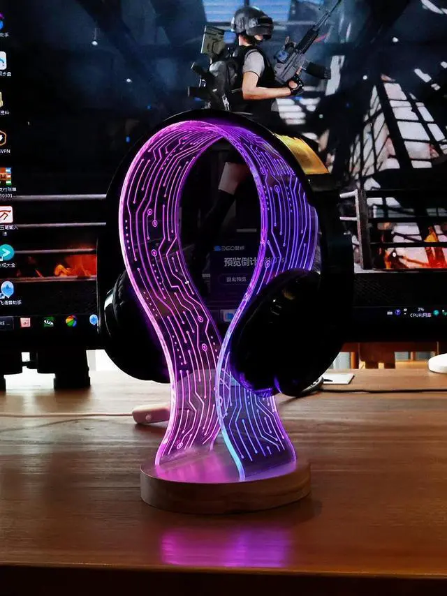 Alt view image 3 of 7 - YuanDian Headphone Stand, Walnut Wood Headset Holder with Blue Pink LED Night Light for Gamers, Men, and Music Lovers - Perfect Desk Gift Idea