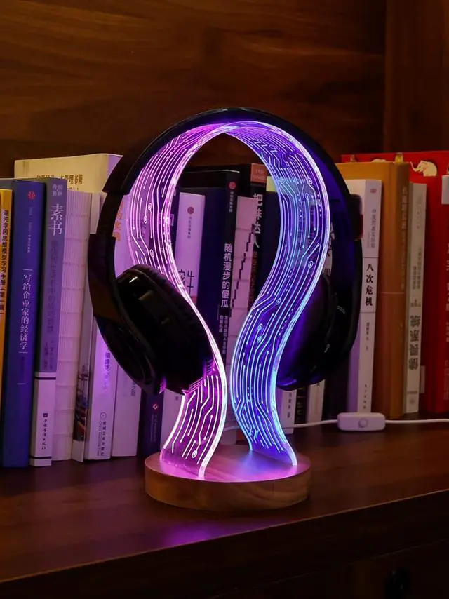 Alt view image 4 of 7 - YuanDian Headphone Stand, Walnut Wood Headset Holder with Blue Pink LED Night Light for Gamers, Men, and Music Lovers - Perfect Desk Gift Idea