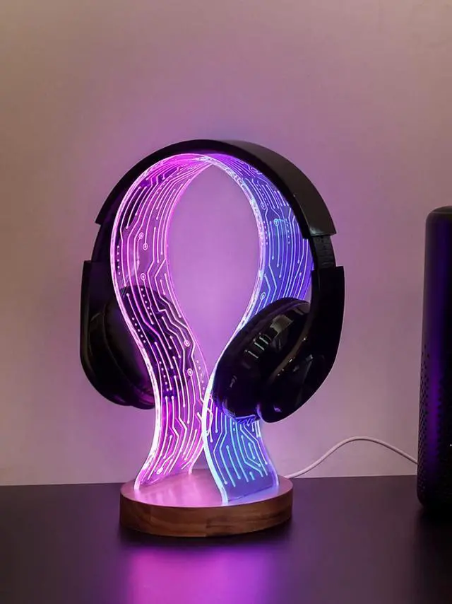 Alt view image 6 of 7 - YuanDian Headphone Stand, Walnut Wood Headset Holder with Blue Pink LED Night Light for Gamers, Men, and Music Lovers - Perfect Desk Gift Idea