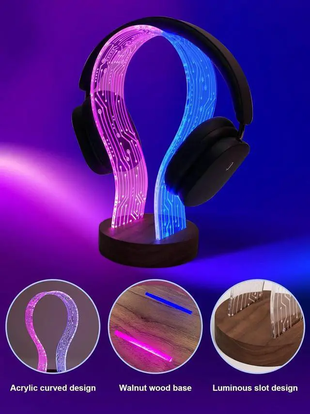 Alt view image 5 of 7 - YuanDian Headphone Stand, Walnut Wood Headset Holder with Blue Pink LED Night Light for Gamers, Men, and Music Lovers - Perfect Desk Gift Idea