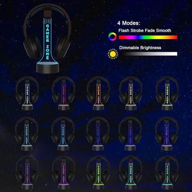 Alt view image 2 of 7 - YuanDian Light up Headphone Stand for Desk, Gaming Headset Holder RGB with 16 Color Lights for Game Room Decor, Cool Gamer Gifts for Men Boyfriend (Gamer Zone)