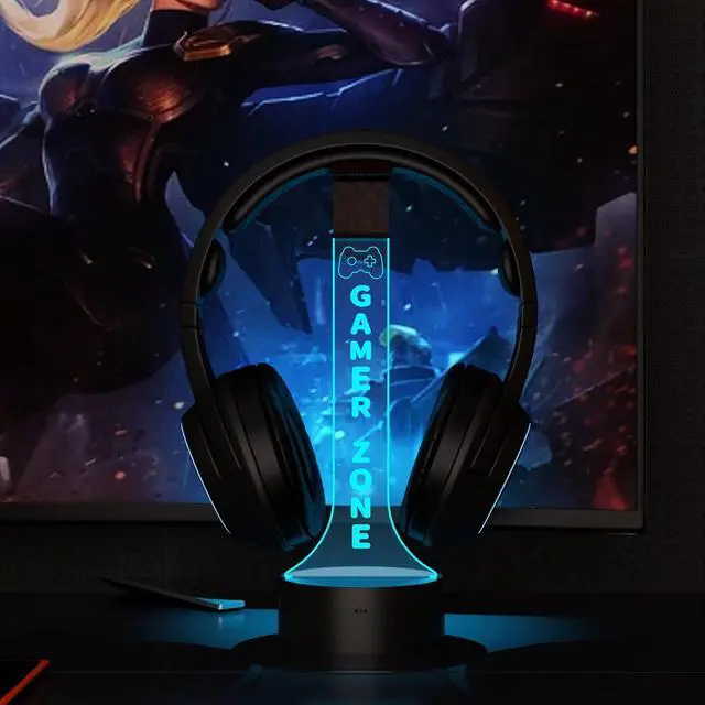 Alt view image 5 of 7 - YuanDian Light up Headphone Stand for Desk, Gaming Headset Holder RGB with 16 Color Lights for Game Room Decor, Cool Gamer Gifts for Men Boyfriend (Gamer Zone)