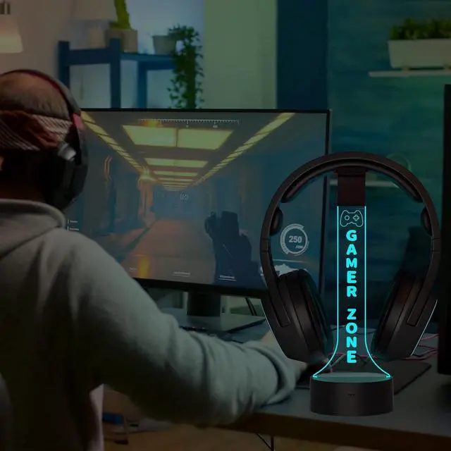 Alt view image 6 of 7 - YuanDian Light up Headphone Stand for Desk, Gaming Headset Holder RGB with 16 Color Lights for Game Room Decor, Cool Gamer Gifts for Men Boyfriend (Gamer Zone)