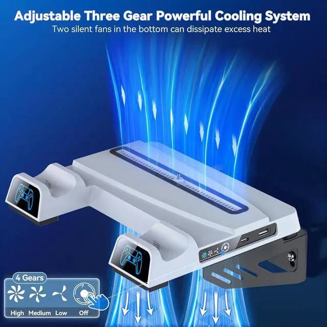 Alt view image 2 of 7 - PS5 Wall Mount Kit with 3-level Cooling Fan and Dual Charging Station, PS5 Shelf Mount Compatible with PS5 Disc & Digital, PS5 Cooling Station for PS5 Accessories with Headset Holder, Not for PS5 Slim