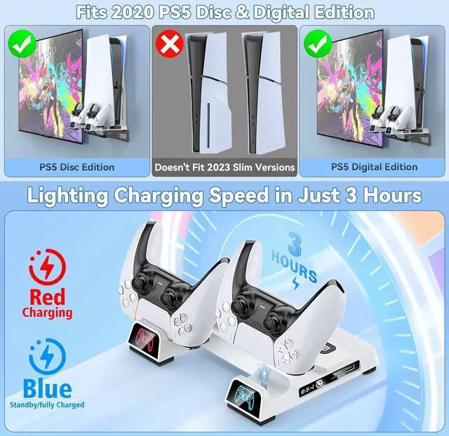 Alt view image 3 of 7 - PS5 Wall Mount Kit with 3-level Cooling Fan and Dual Charging Station, PS5 Shelf Mount Compatible with PS5 Disc & Digital, PS5 Cooling Station for PS5 Accessories with Headset Holder, Not for PS5 Slim