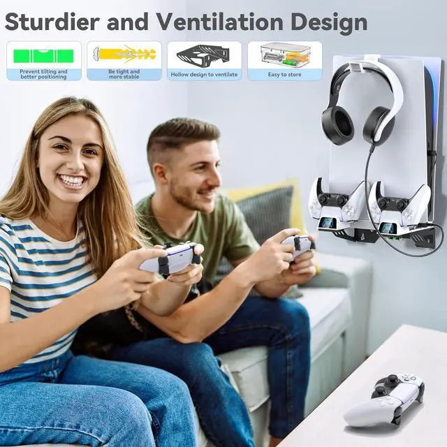 Alt view image 5 of 7 - PS5 Wall Mount Kit with 3-level Cooling Fan and Dual Charging Station, PS5 Shelf Mount Compatible with PS5 Disc & Digital, PS5 Cooling Station for PS5 Accessories with Headset Holder, Not for PS5 Slim