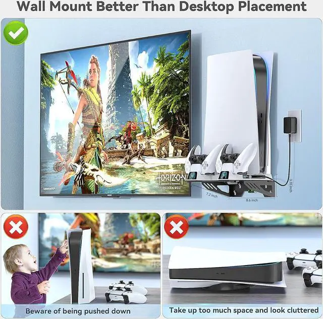 Alt view image 6 of 7 - PS5 Wall Mount Kit with 3-level Cooling Fan and Dual Charging Station, PS5 Shelf Mount Compatible with PS5 Disc & Digital, PS5 Cooling Station for PS5 Accessories with Headset Holder, Not for PS5 Slim
