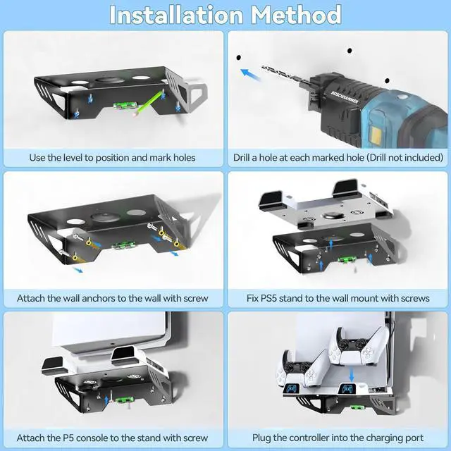 Alt view image 7 of 7 - PS5 Wall Mount Kit with 3-level Cooling Fan and Dual Charging Station, PS5 Shelf Mount Compatible with PS5 Disc & Digital, PS5 Cooling Station for PS5 Accessories with Headset Holder, Not for PS5 Slim