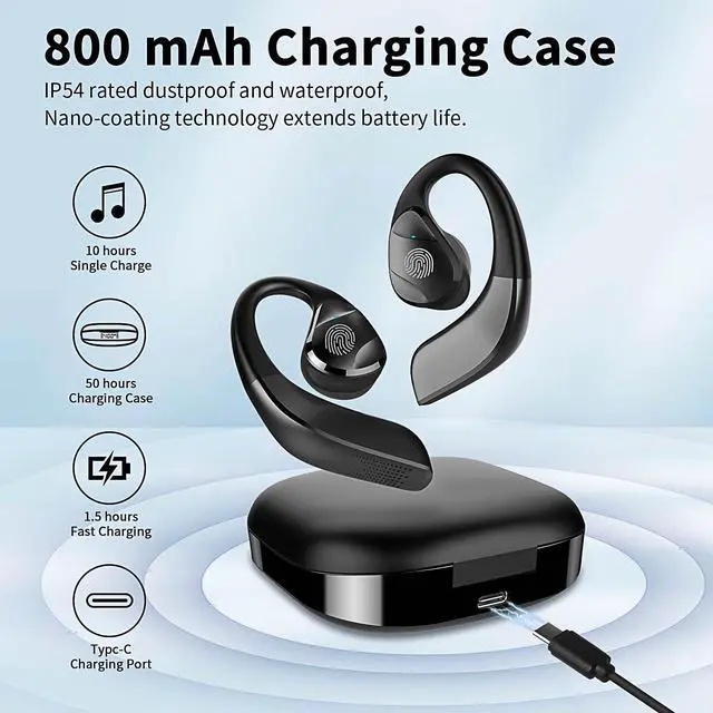 Alt view image 6 of 7 - BANIGIPA Open Ear True Wireless Earbuds, Bluetooth 5.3 Headphones w/Immersive Premium Sound, IP54 Waterproof Open-Ear Earbud w/DSP Noise Cancelling Mic for Sports Long-Lasting Comfort, 50H Playtime