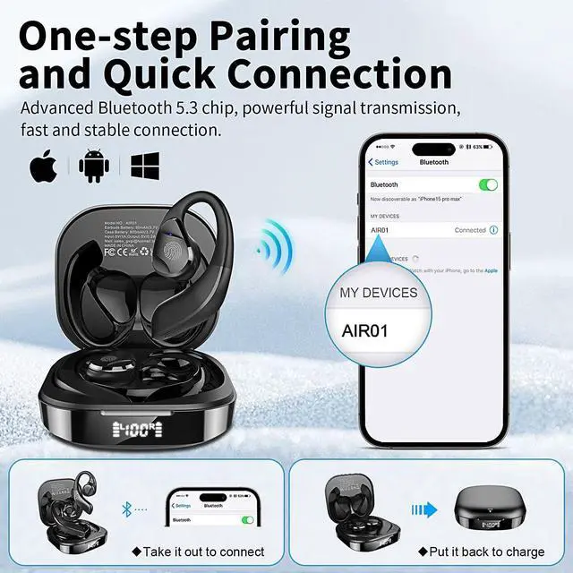 Alt view image 7 of 7 - BANIGIPA Open Ear True Wireless Earbuds, Bluetooth 5.3 Headphones w/Immersive Premium Sound, IP54 Waterproof Open-Ear Earbud w/DSP Noise Cancelling Mic for Sports Long-Lasting Comfort, 50H Playtime