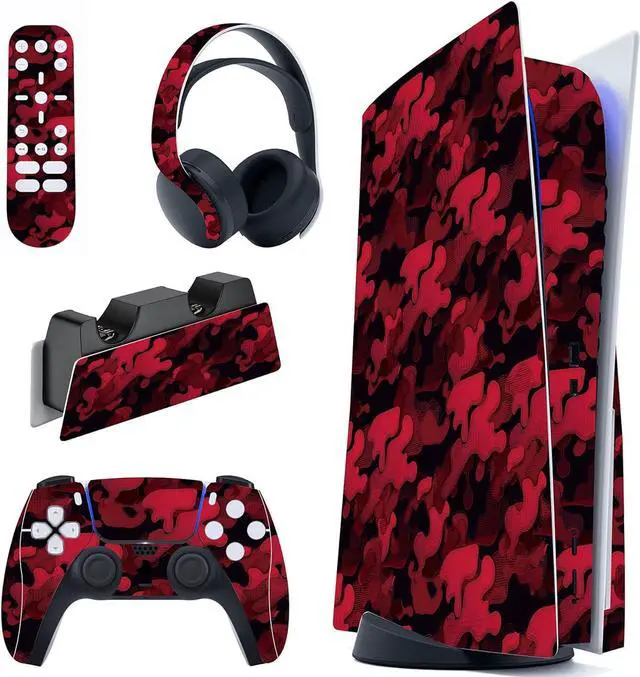 Main image of PlayVital Black Red Camouflage Full Set Skin Decal for ps5 Console Disc Edition, Sticker Vinyl Decal Cover for ps5 Controller & Charging Station & Headset & Media Remote