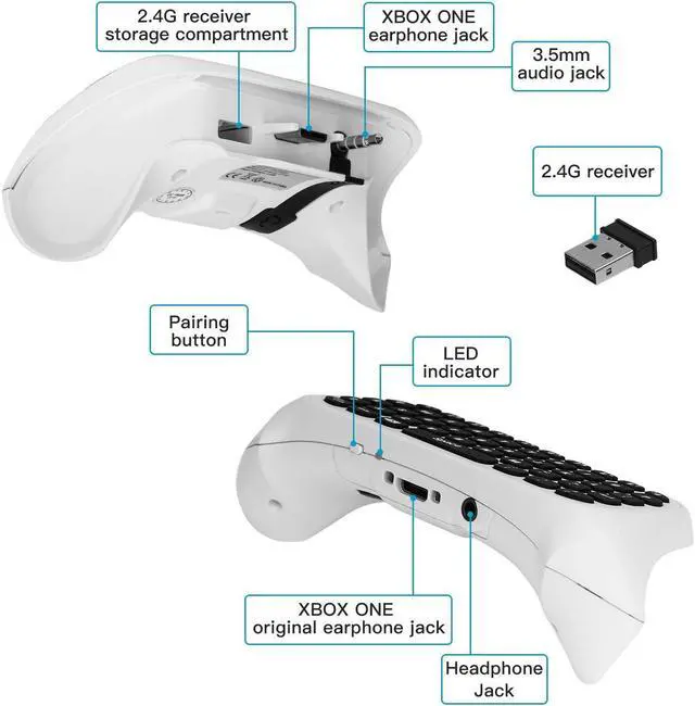 Alt view image 6 of 7 - MoKo Green Backlight Keyboard for Xbox One Controller, Xbox Series X/S, Wireless Gaming Chatpad Keypad with USB Receiver&3.5mm Audio Jack, Xbox Accessories for Xbox One/One S/Elite/2 Controller, White