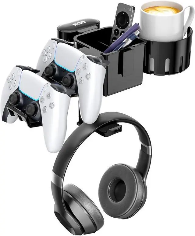 Main image of KDD 5 in 1 Desk Controller Holder - Rotating Headphone Hanger with Cup Holder - Clamp On Desk Organizer Holds Controller, Headphone, Cup, Mobile phone and Pen(Black)