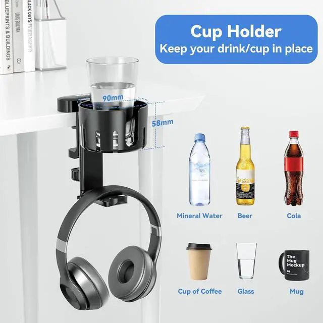 Alt view image 5 of 7 - KDD 5 in 1 Desk Controller Holder - Rotating Headphone Hanger with Cup Holder - Clamp On Desk Organizer Holds Controller, Headphone, Cup, Mobile phone and Pen(Black)