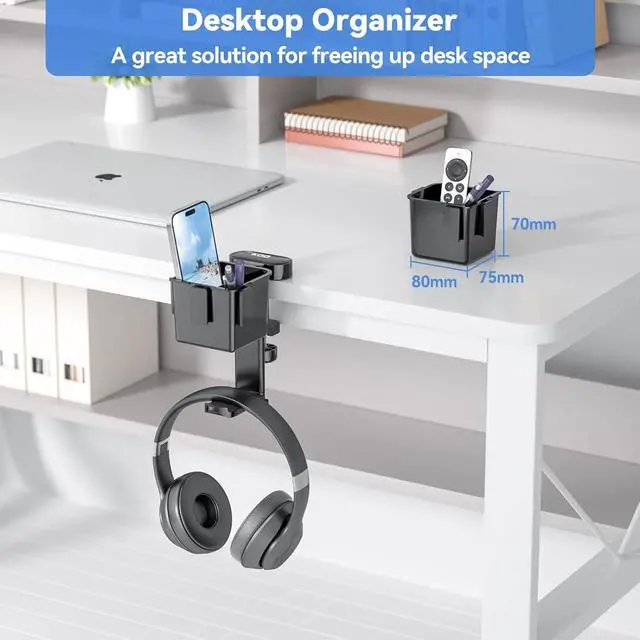 Alt view image 6 of 7 - KDD 5 in 1 Desk Controller Holder - Rotating Headphone Hanger with Cup Holder - Clamp On Desk Organizer Holds Controller, Headphone, Cup, Mobile phone and Pen(Black)