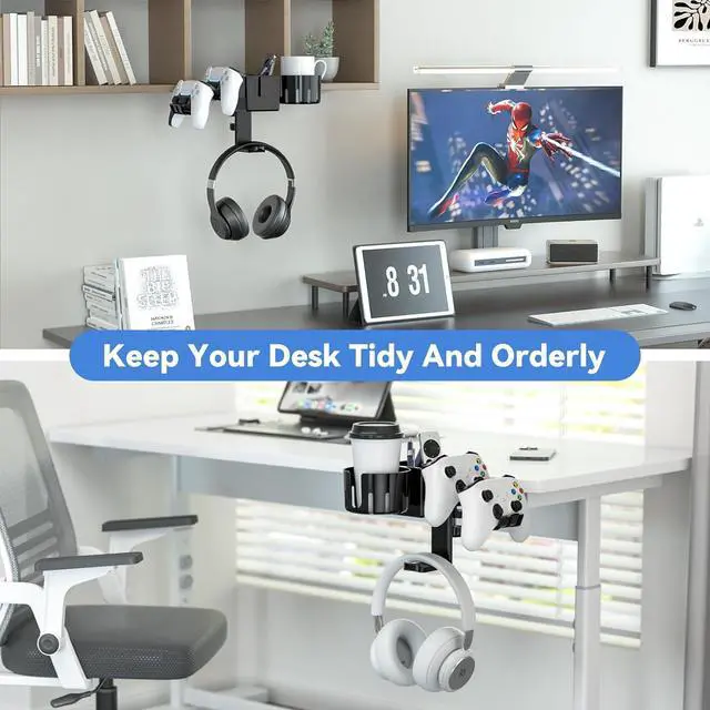 Alt view image 7 of 7 - KDD 5 in 1 Desk Controller Holder - Rotating Headphone Hanger with Cup Holder - Clamp On Desk Organizer Holds Controller, Headphone, Cup, Mobile phone and Pen(Black)
