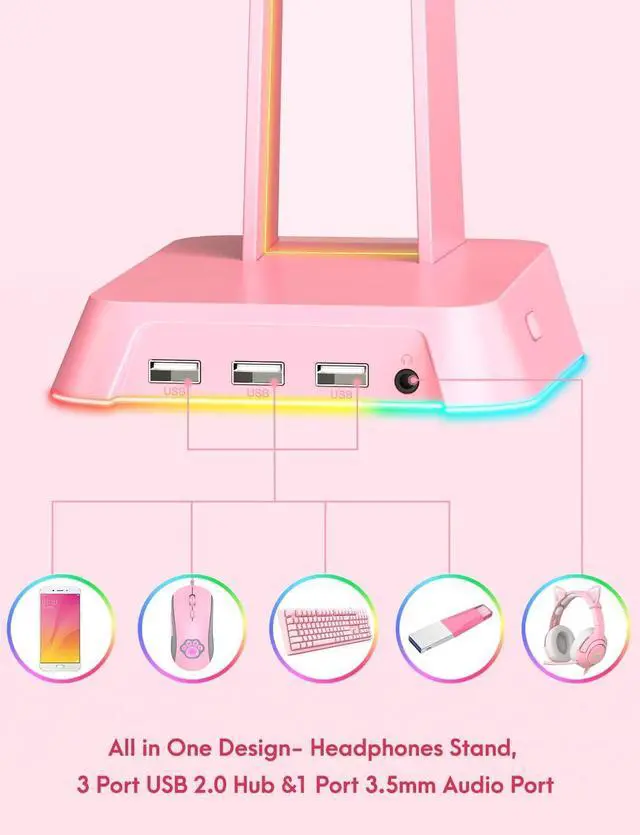 Alt view image 3 of 6 - RGB Headphone Stand with 3.5mm AUX and 3 Port USB 2.0 Hub, Universal Gaming Headset Hanger Holder for Computer Gaming Gamer Accessories (Pink)