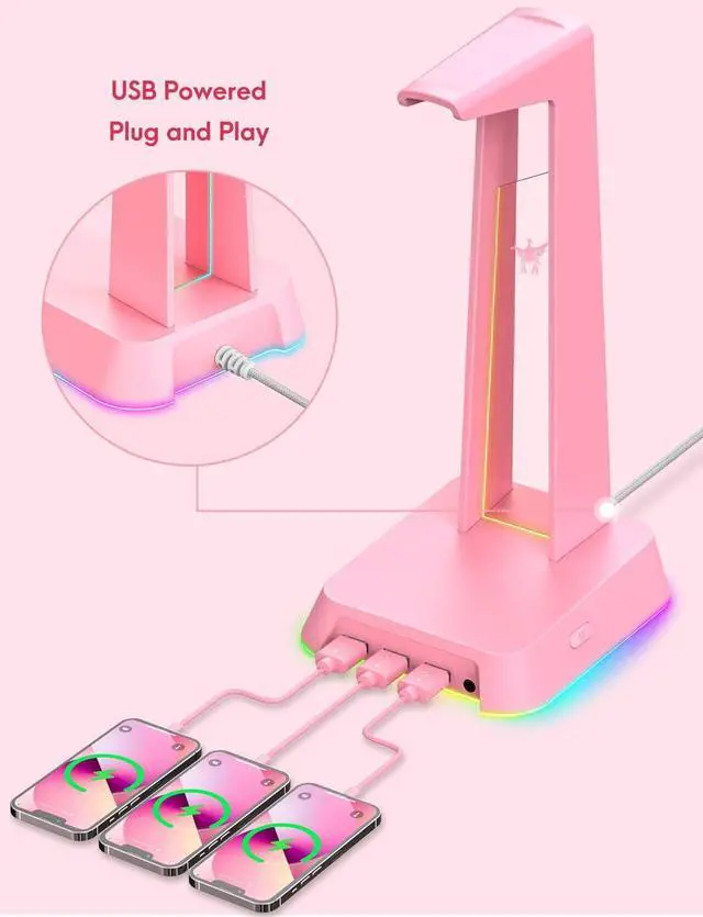 Alt view image 4 of 6 - RGB Headphone Stand with 3.5mm AUX and 3 Port USB 2.0 Hub, Universal Gaming Headset Hanger Holder for Computer Gaming Gamer Accessories (Pink)