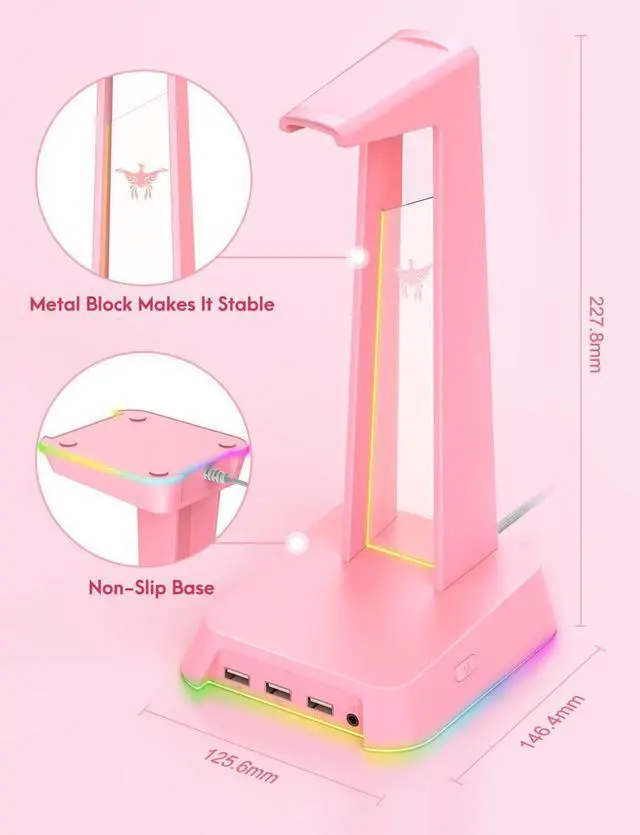 Alt view image 5 of 6 - RGB Headphone Stand with 3.5mm AUX and 3 Port USB 2.0 Hub, Universal Gaming Headset Hanger Holder for Computer Gaming Gamer Accessories (Pink)