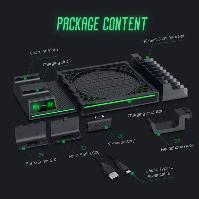 Alt view image 6 of 7 - TNP Vertical Stand for Xbox Series X - Series X Charging Station for Controller with 2 Pack 1300mAh Rechargeable Battery for Xbox Series X Controller - 10 Slot Game Storage and Headset Hook