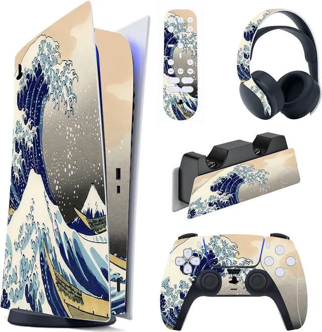 Main image of PlayVital Great Wave Dual Side Full Set Skin Decal for PS5 Console Digital Edition, Sticker Vinyl Decal Cover for PS5 Controller & Charging Station & Headset & Media Remote