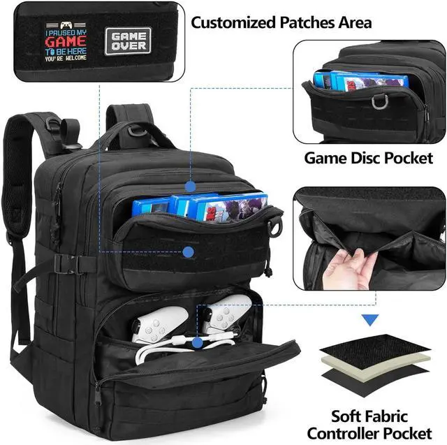 Alt view image 3 of 7 - PGmoon Tactical Game Backpack Compatible with PS5/PS5 Slim/PS5 Pro/PS4 Console, Travel Carrying Case Storage Bag for 15.6" Laptop, Portable Monitor, Controller and Other Gaming Accessories