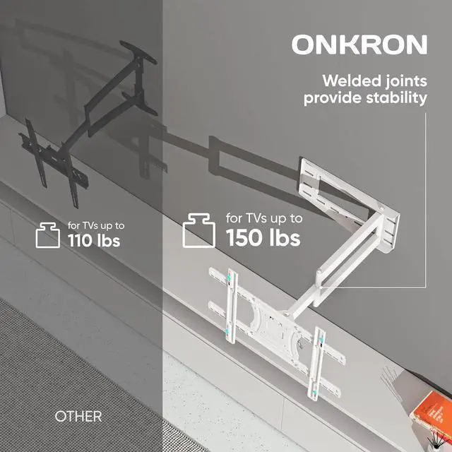 Alt view image 3 of 7 - ONKRON Full Motion TV Wall Mount for 40-75 Inch TVs up to 150 lbs, Articulating TV Wall Mount Swivel and Tilt, Long Arm Extension, max VESA 600x400, Adjustable Television Mount White