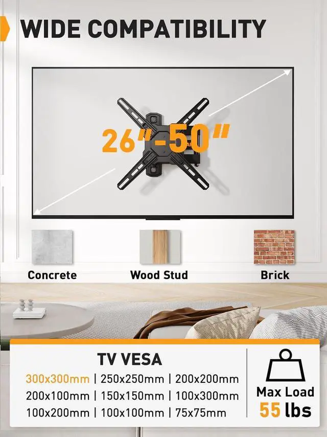 Alt view image 2 of 7 - Perlegear Full Motion TV Wall Mount for Most 2650 Inch TVs, Max VESA 300 x 300mm, TV Monitor Wall Mount Bracket with Rotation, Swivel, Tilt, Extension and Leveling Adjustment, Holds up to 55 lbs