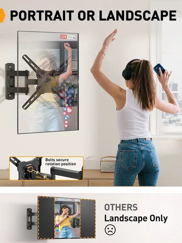 Alt view image 4 of 7 - Perlegear Full Motion TV Wall Mount for Most 2650 Inch TVs, Max VESA 300 x 300mm, TV Monitor Wall Mount Bracket with Rotation, Swivel, Tilt, Extension and Leveling Adjustment, Holds up to 55 lbs