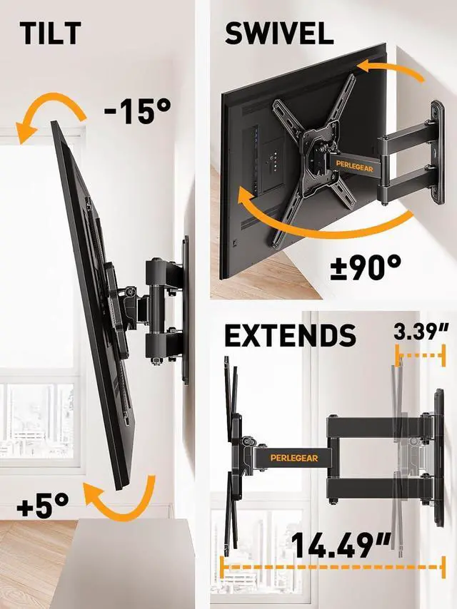 Alt view image 5 of 7 - Perlegear Full Motion TV Wall Mount for Most 2650 Inch TVs, Max VESA 300 x 300mm, TV Monitor Wall Mount Bracket with Rotation, Swivel, Tilt, Extension and Leveling Adjustment, Holds up to 55 lbs