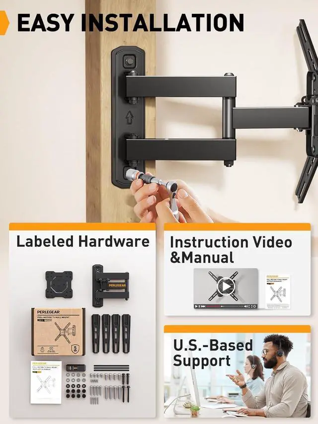 Alt view image 7 of 7 - Perlegear Full Motion TV Wall Mount for Most 2650 Inch TVs, Max VESA 300 x 300mm, TV Monitor Wall Mount Bracket with Rotation, Swivel, Tilt, Extension and Leveling Adjustment, Holds up to 55 lbs