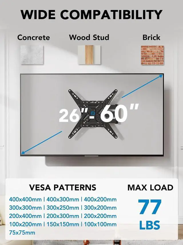 Alt view image 2 of 7 - Pipishell Full Motion TV Wall Mount for Most 26-60 inch TVs with Swivel, Tilt, Extension, Single Stud Articulating TV Mount Bracket, Holds up to 77 lbs, Max VESA 400x400mm, PIMF11