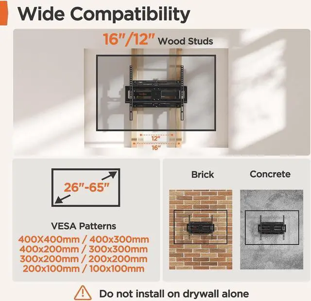 Alt view image 3 of 7 - Perlegear Full Motion TV Wall Mount for 26-65 inch TVs, TV Bracket Supports Swivel Articulating Level Extension Tilt Arms, Max VESA 400x400mm up to 99lbs, 16" Wood Studs, PGMFK4
